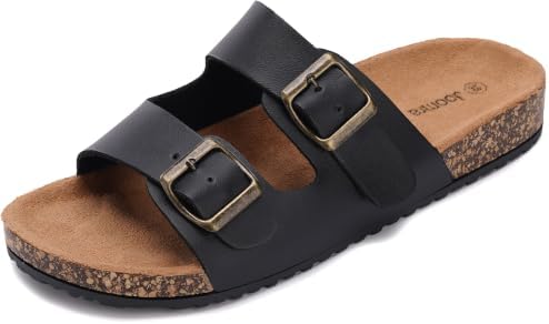 Cork Footbed Slides for Women Double Buckle Sandals, Black