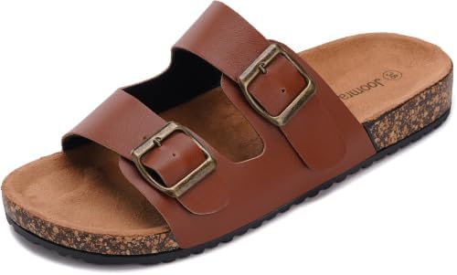Cork Footbed Slides for Women Double Buckle Sandals, Brown