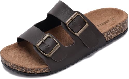 Cork Footbed Slides for Women Double Buckle Sandals, Dark Brown
