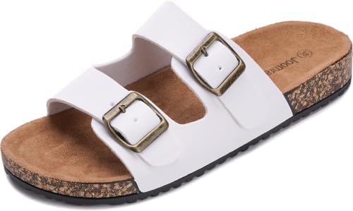 Cork Footbed Slides for Women Double Buckle Sandals, White