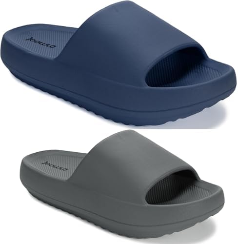 Unisex Pillow Slippers Arch Support Slides House Shoes, Dark Blue and Grey