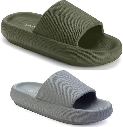Unisex Pillow Slippers Shower Slides House Shoes, Army Green and Grey